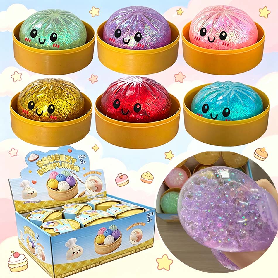 Kids Toys Dumplings - 6 Stile Realistische Riesen-Knödel-Quetschspielzeuge mit Bambus-Dämpfer,
